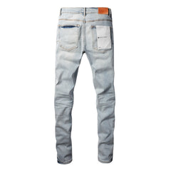 9048 Mens Purple Skinny Jeans with Ripped Detail Fashionable Denim Biker Pants with Patches and Printed Design Jeans Purple