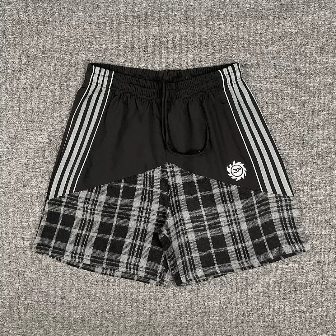 Broken Planet Retro Splicing Color Contrast Embroidered Stripe Grid Drawstring Shorts