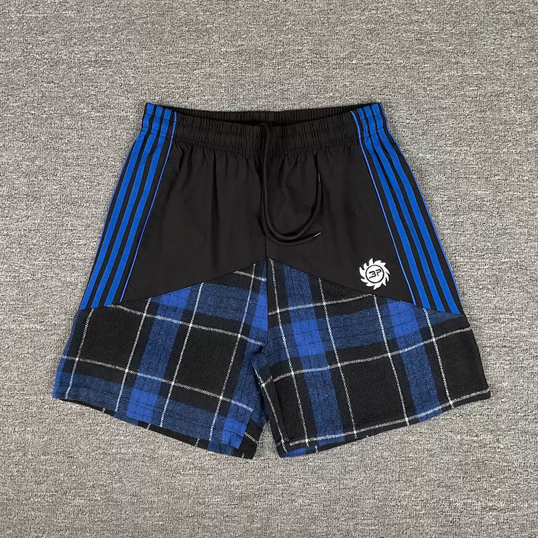 Broken Planet Retro Splicing Color Contrast Embroidered Stripe Grid Drawstring Shorts