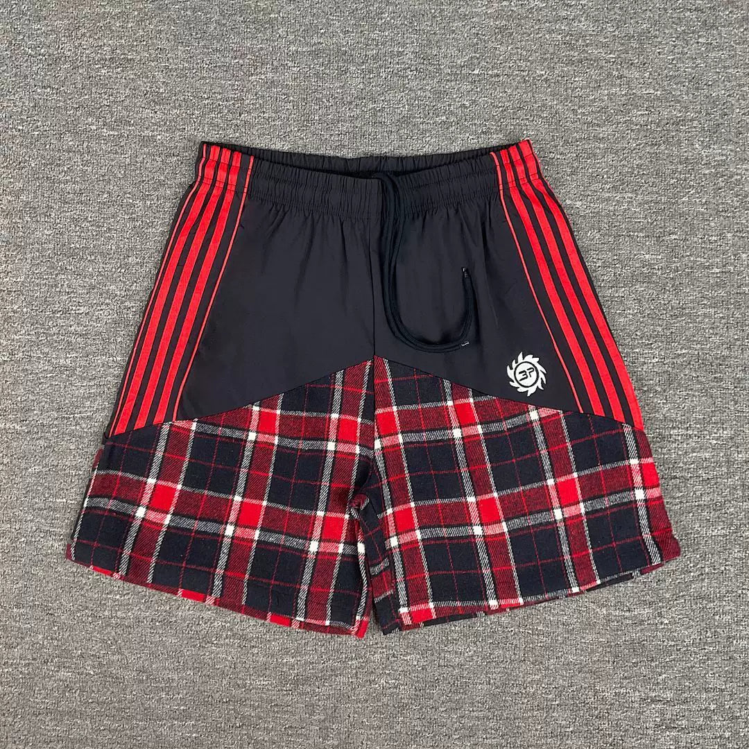 Broken Planet Retro Splicing Color Contrast Embroidered Stripe Grid Drawstring Shorts
